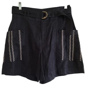 Johnny Was Black Linen Embroidered Shorts with Belt Small High Waisted Boho